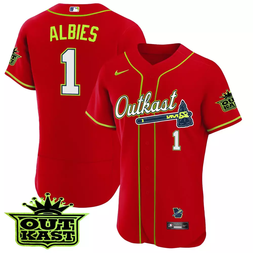 ozzie albies red mens atlanta braves outkast cool base jersey v3 all stitched
