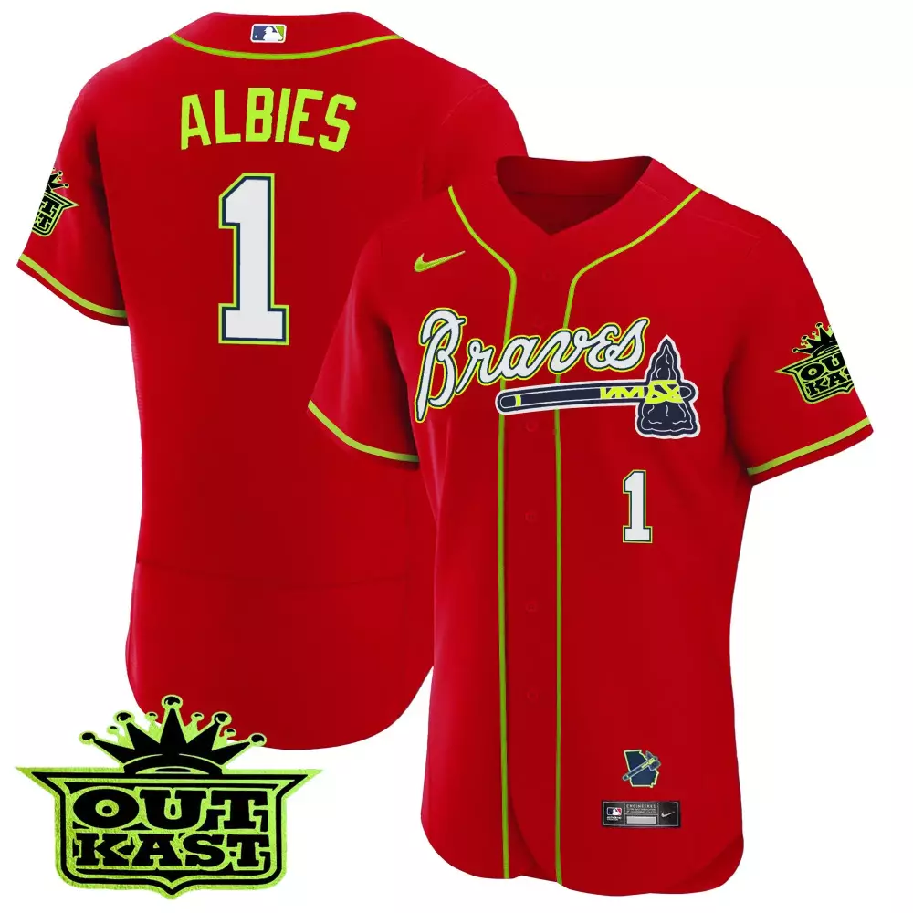 ozzie albies red mens atlanta braves outkast cool base jersey v3 all stitched