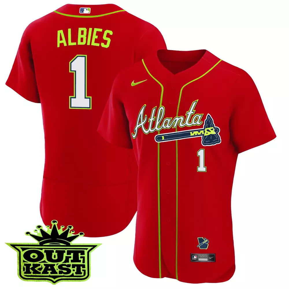 ozzie albies red mens atlanta braves outkast cool base jersey v3 all stitched