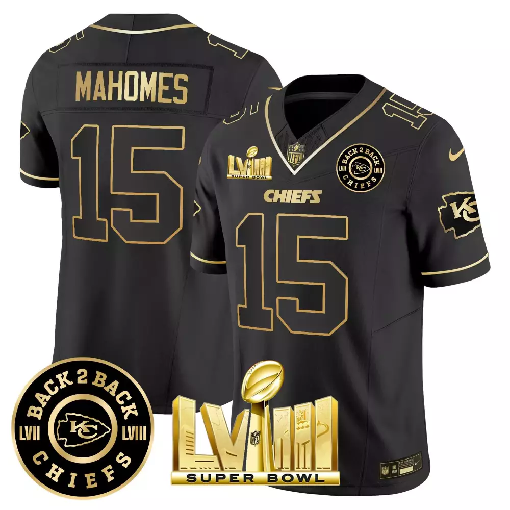 patrick mahomes black gold mens kansas city chiefs super bowl lviii back 2 back patch vapor jersey v4 all stitched