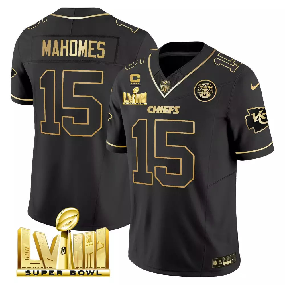 patrick mahomes black gold mens kansas city chiefs super bowl lviii back 2 back patch vapor jersey v4 all stitched