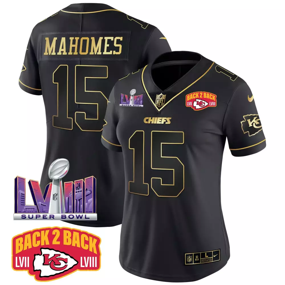 patrick mahomes black gold womens kansas city chiefs super bowl lviii back 2 back patch vapor jersey v2 all stitched