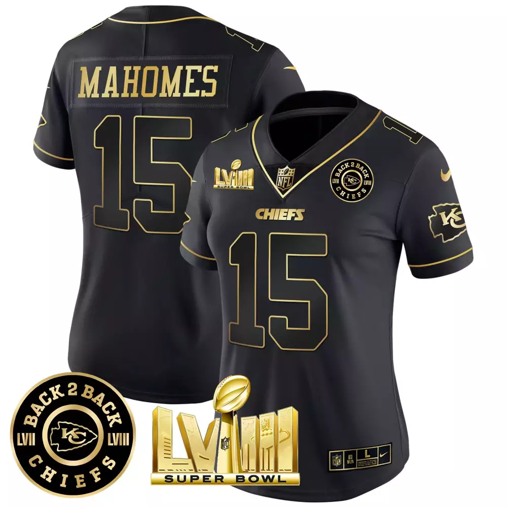 patrick mahomes black gold womens kansas city chiefs super bowl lviii back 2 back patch vapor jersey v2 all stitched