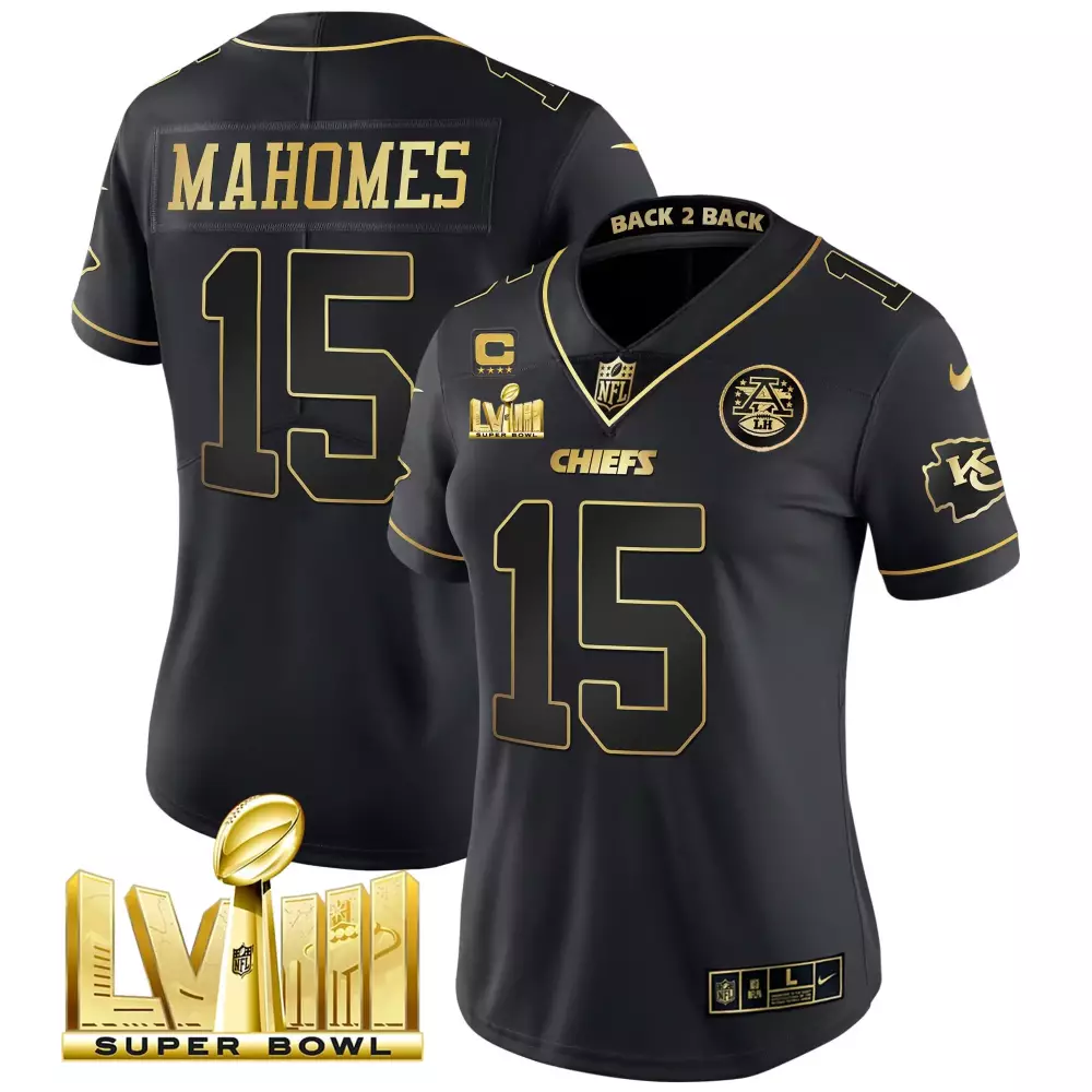 patrick mahomes black gold womens kansas city chiefs super bowl lviii back 2 back patch vapor jersey v2 all stitched