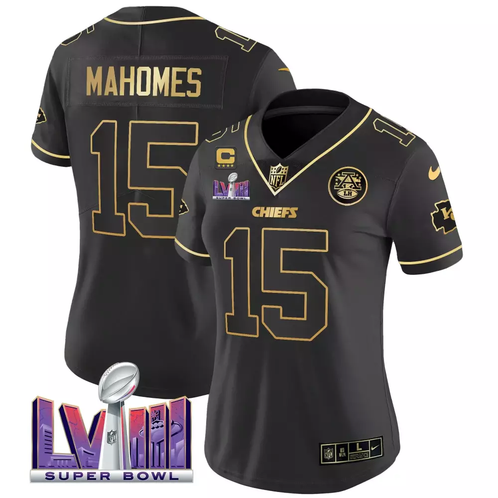 patrick mahomes black gold womens kansas city chiefs super bowl lviii back 2 back patch vapor jersey v2 all stitched
