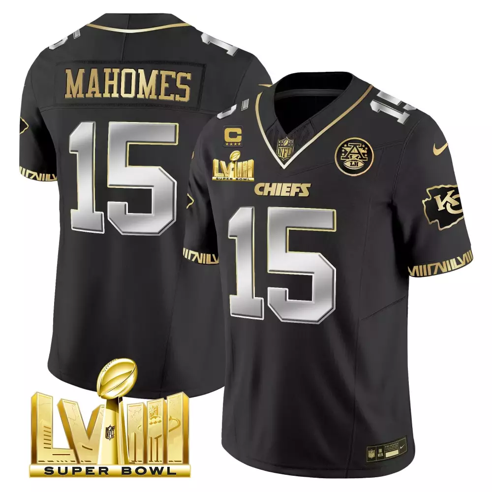 patrick mahomes black limited mens kansas city chiefs super bowl lviii pattern gold vapor jersey all stitched