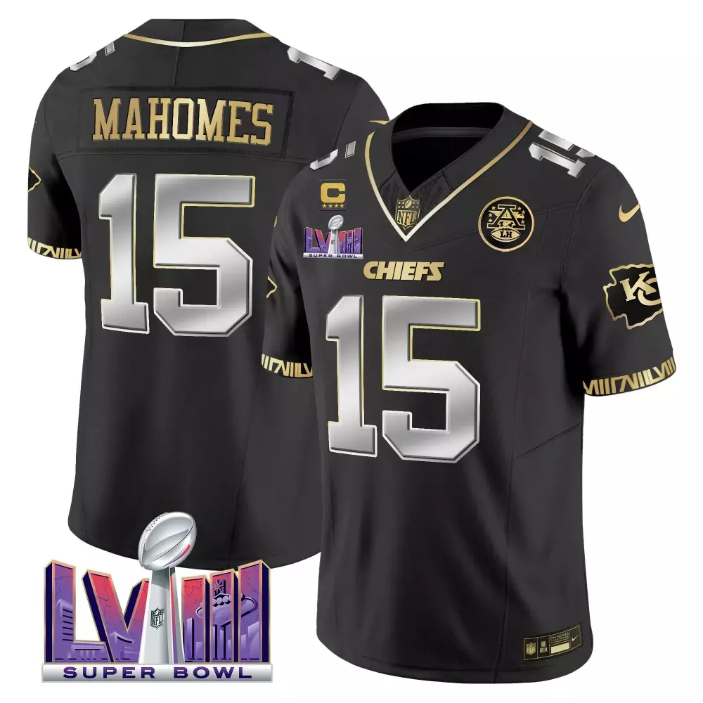 patrick mahomes black limited mens kansas city chiefs super bowl lviii pattern gold vapor jersey all stitched