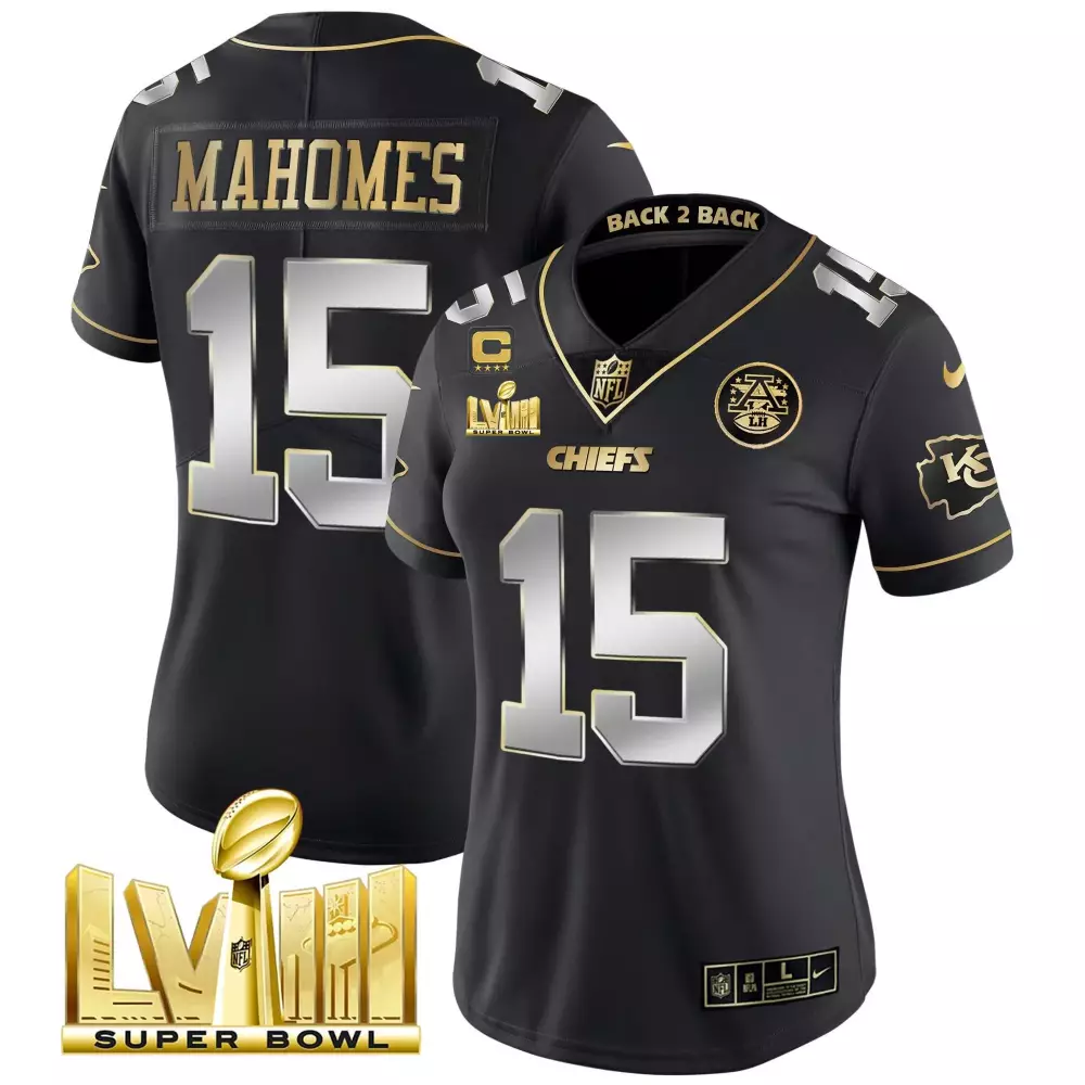 patrick mahomes black limited womens kansas city chiefs super bowl lviii back 2 back patch vapor jersey v5 all stitched