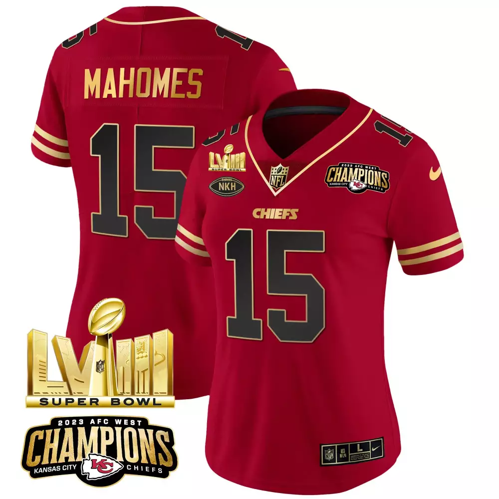 patrick mahomes black red womens kansas city chiefs afc west champions super bowl lviii gold patch vapor jersey all stit
