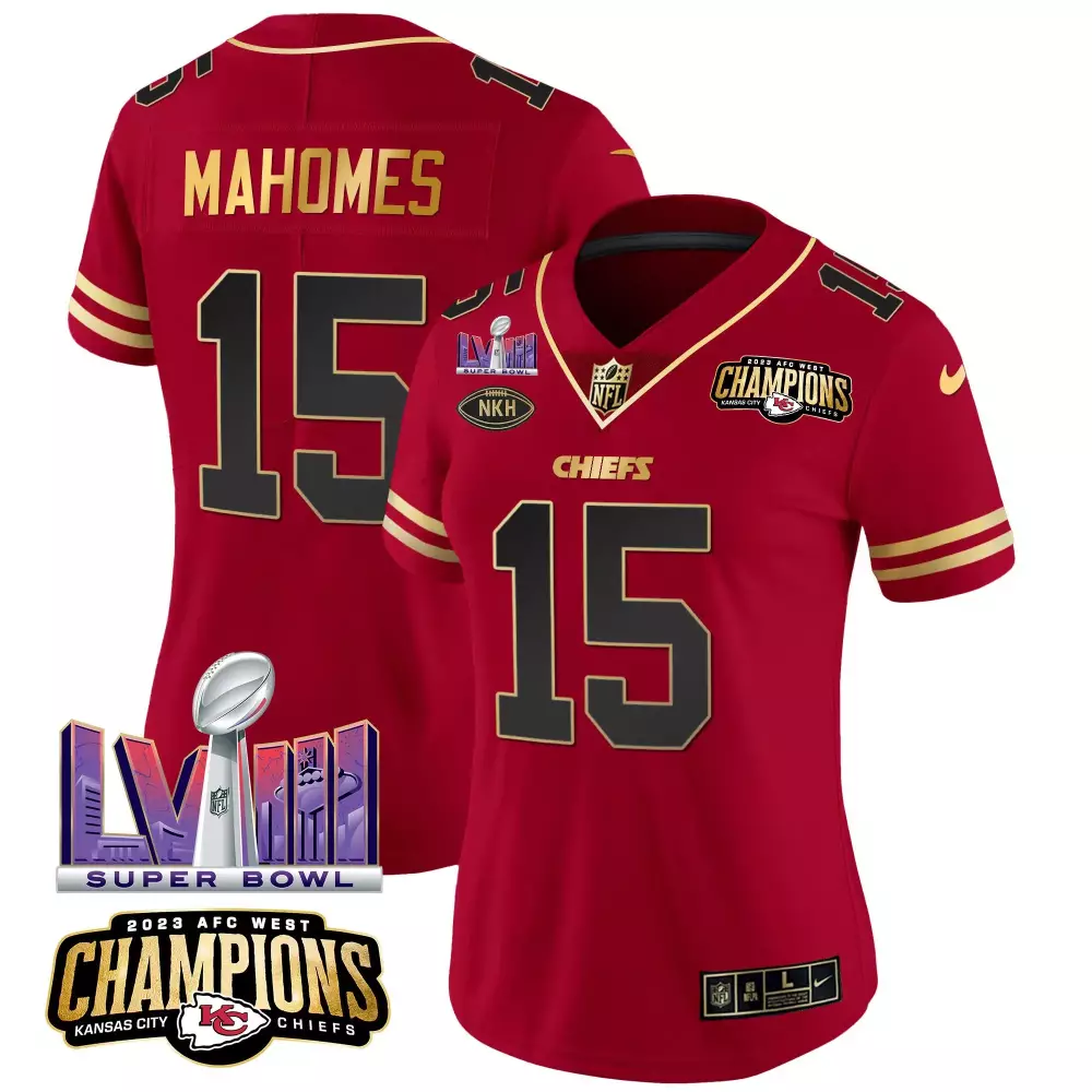 patrick mahomes black red womens kansas city chiefs afc west champions super bowl lviii gold patch vapor jersey all stit