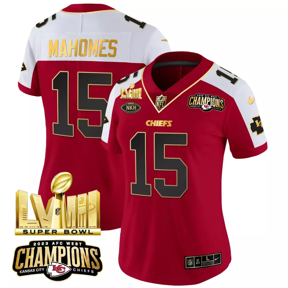 Patrick Mahomes Kansas City Chiefs AFC West Champions Super Bowl LVIII Gold Patch Red Alternate Vapor Jersey | All Stitched | Fan Gear for Men, Women & Youth