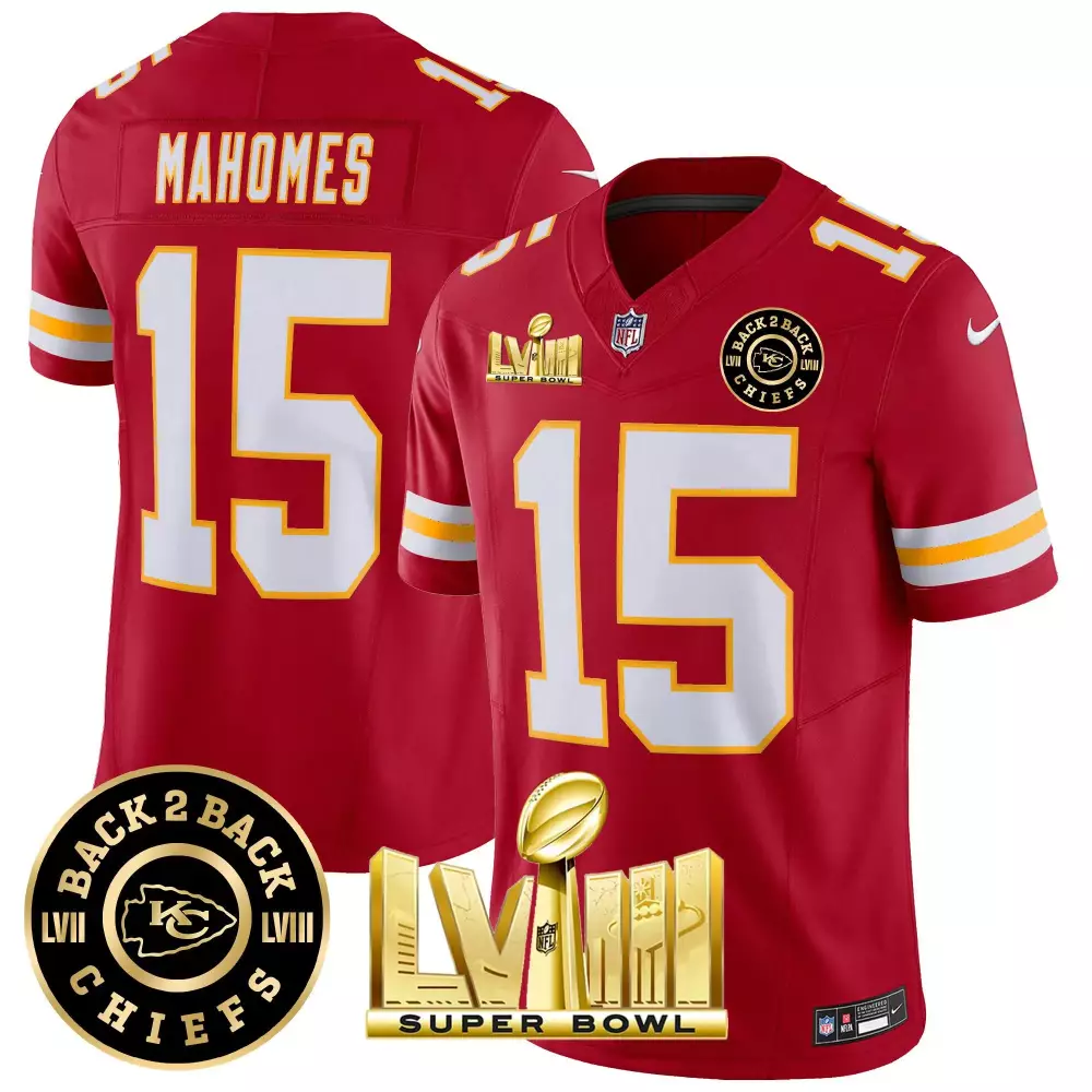 Patrick Mahomes Kansas City Chiefs Super Bowl LVIII Back 2 Back Patch Vapor Jersey V3 | Black & Red Stitched | Limited Edition Fan Gear | For Men, Women & Youth