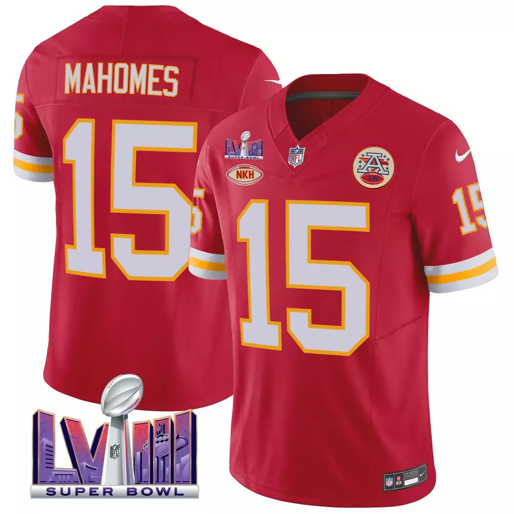 patrick mahomes red mens kansas city chiefs super bowl lviii pattern gold vapor jersey v2 all stitched