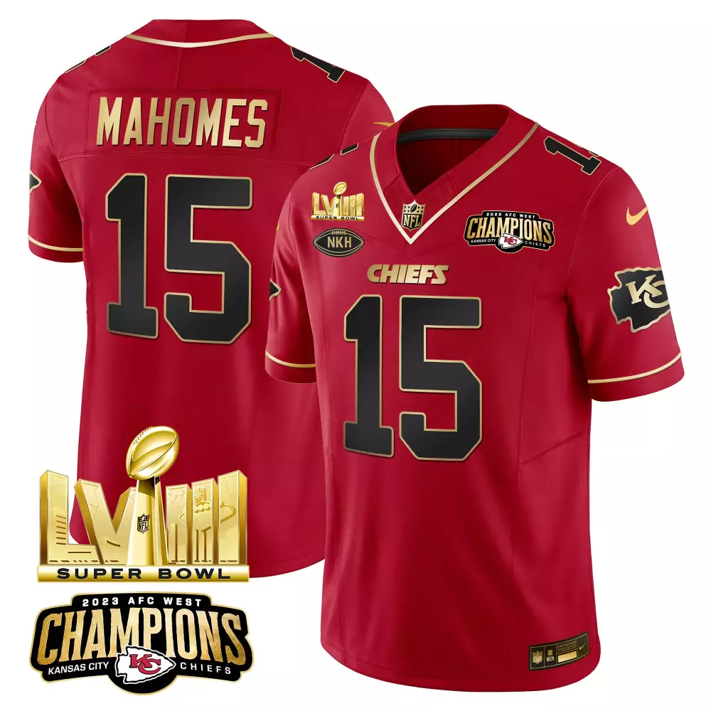 Patrick Mahomes Kansas City Chiefs AFC West Champions Super Bowl LVIII Gold Patch Red Alternate Vapor Jersey | All Stitched | Fan Gear for Men, Women & Youth