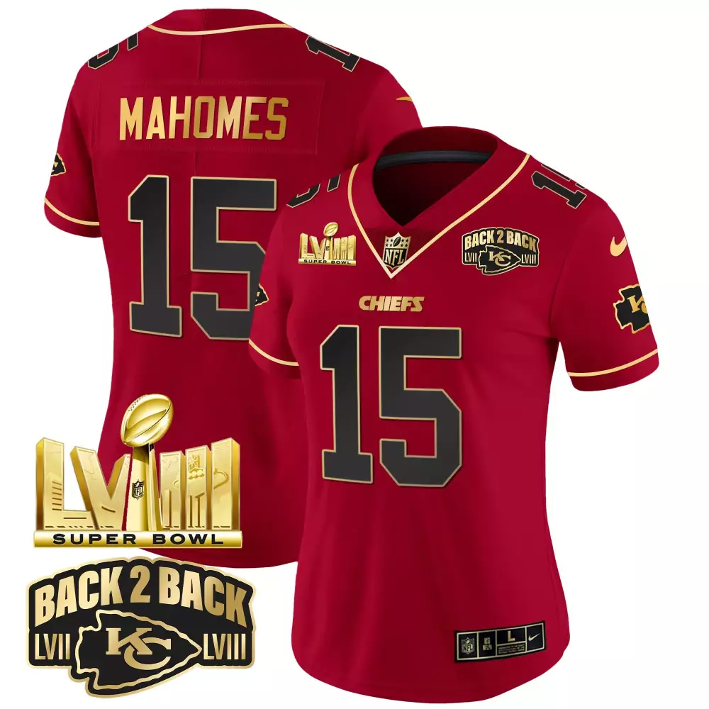patrick mahomes red special womens kansas city chiefs super bowl lviii back 2 back gold patch vapor jersey all stitched