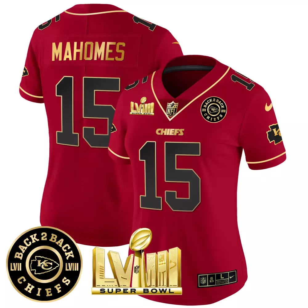 patrick mahomes red special womens kansas city chiefs super bowl lviii back 2 back gold patch vapor jersey all stitched