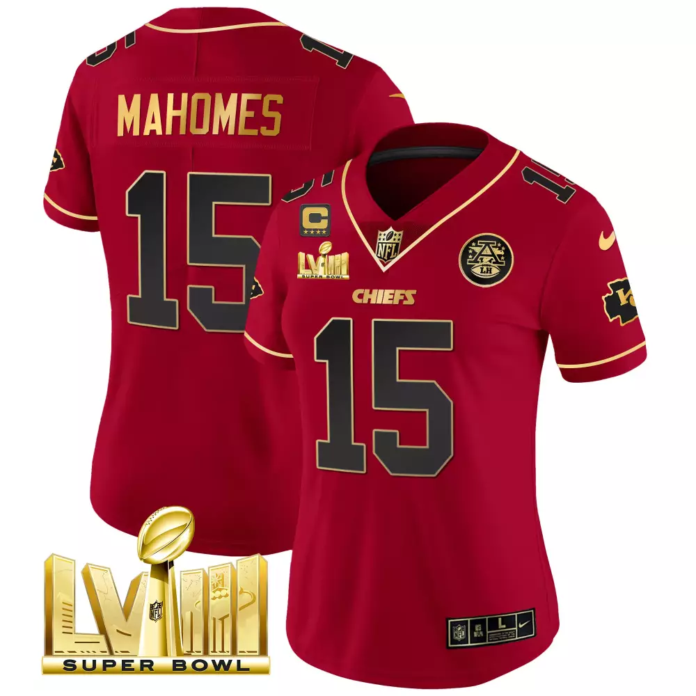 patrick mahomes red special womens kansas city chiefs super bowl lviii gold patch vapor jersey v2 all stitched