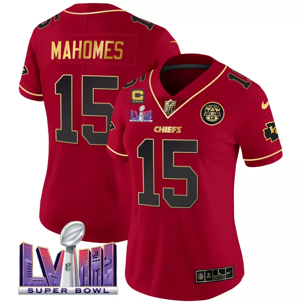 patrick mahomes red special womens kansas city chiefs super bowl lviii gold patch vapor jersey v2 all stitched