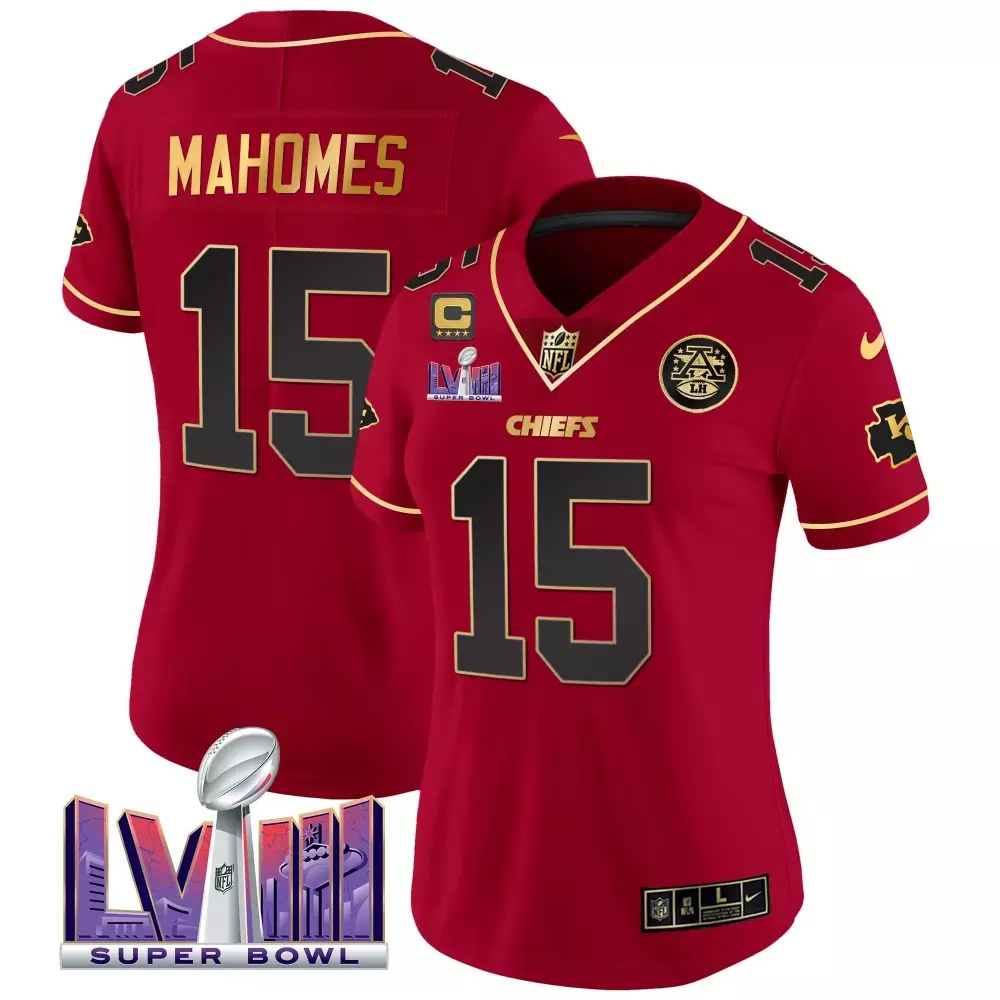 patrick mahomes red special womens kansas city chiefs super bowl lviii gold patch vapor jersey v2 all stitched
