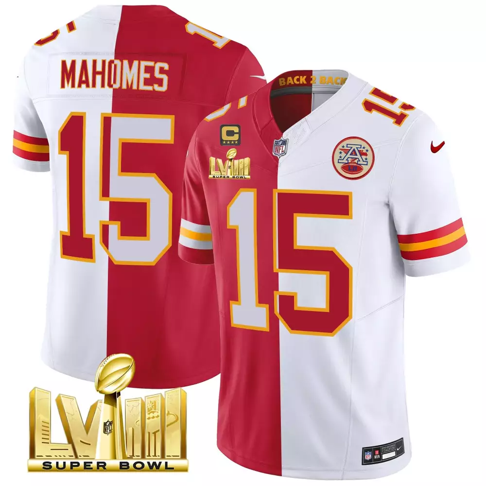 patrick mahomes split mens kansas city chiefs super bowl lviii back 2 back gold patch vapor jersey v2 all stitched