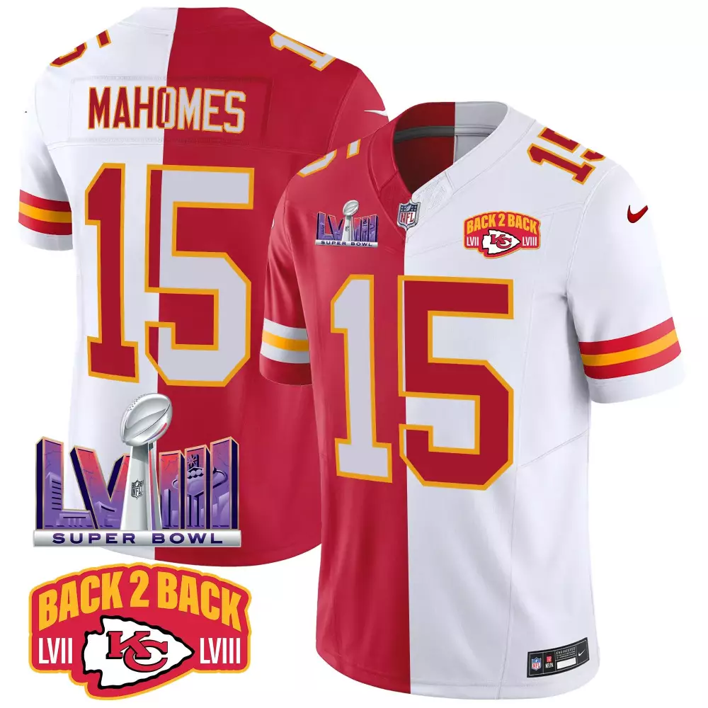 patrick mahomes split mens kansas city chiefs super bowl lviii back 2 back gold patch vapor jersey v2 all stitched