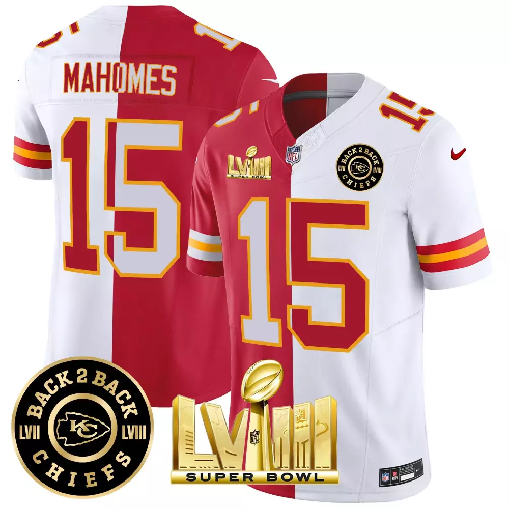 patrick mahomes split mens kansas city chiefs super bowl lviii back 2 back gold patch vapor jersey v2 all stitched