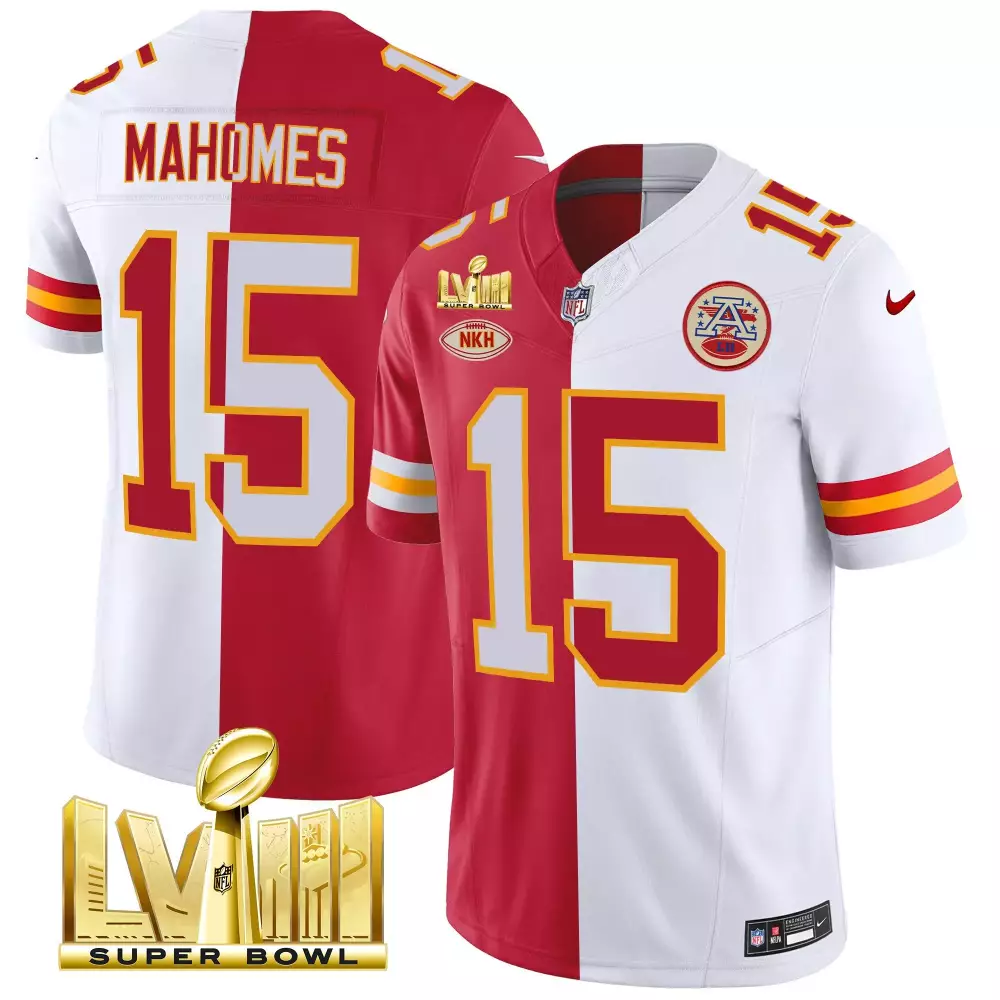 patrick mahomes split mens kansas city chiefs super bowl lviii back 2 back gold patch vapor jersey v2 all stitched