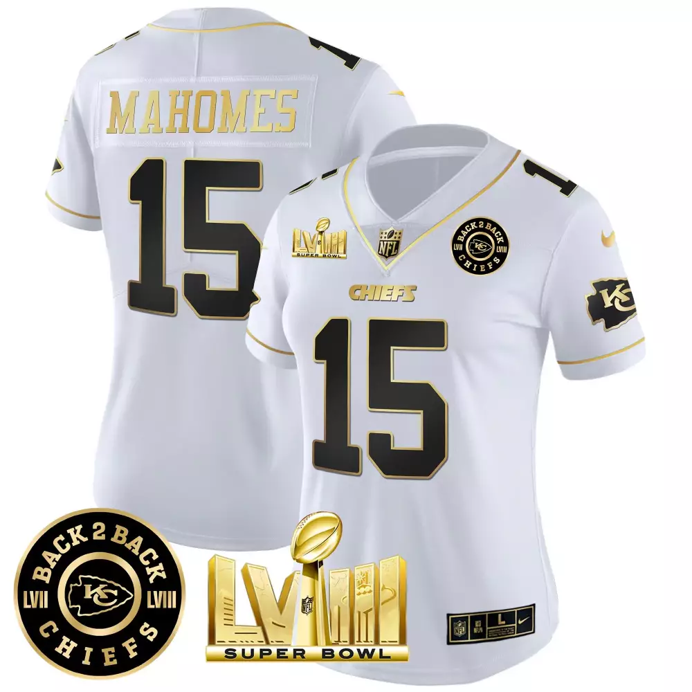 patrick mahomes white gold womens kansas city chiefs super bowl lviii back 2 back patch vapor jersey v4 all stitched