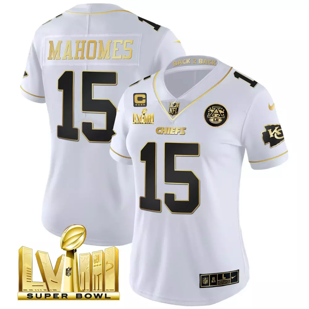 patrick mahomes white gold womens kansas city chiefs super bowl lviii back 2 back patch vapor jersey v4 all stitched