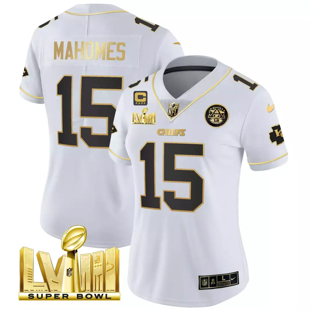 patrick mahomes white gold womens kansas city chiefs super bowl lviii back 2 back patch vapor jersey v4 all stitched