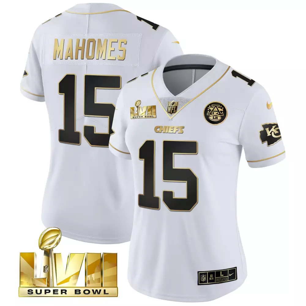 patrick mahomes white gold womens kansas city chiefs super bowl lviii back 2 back patch vapor jersey v4 all stitched