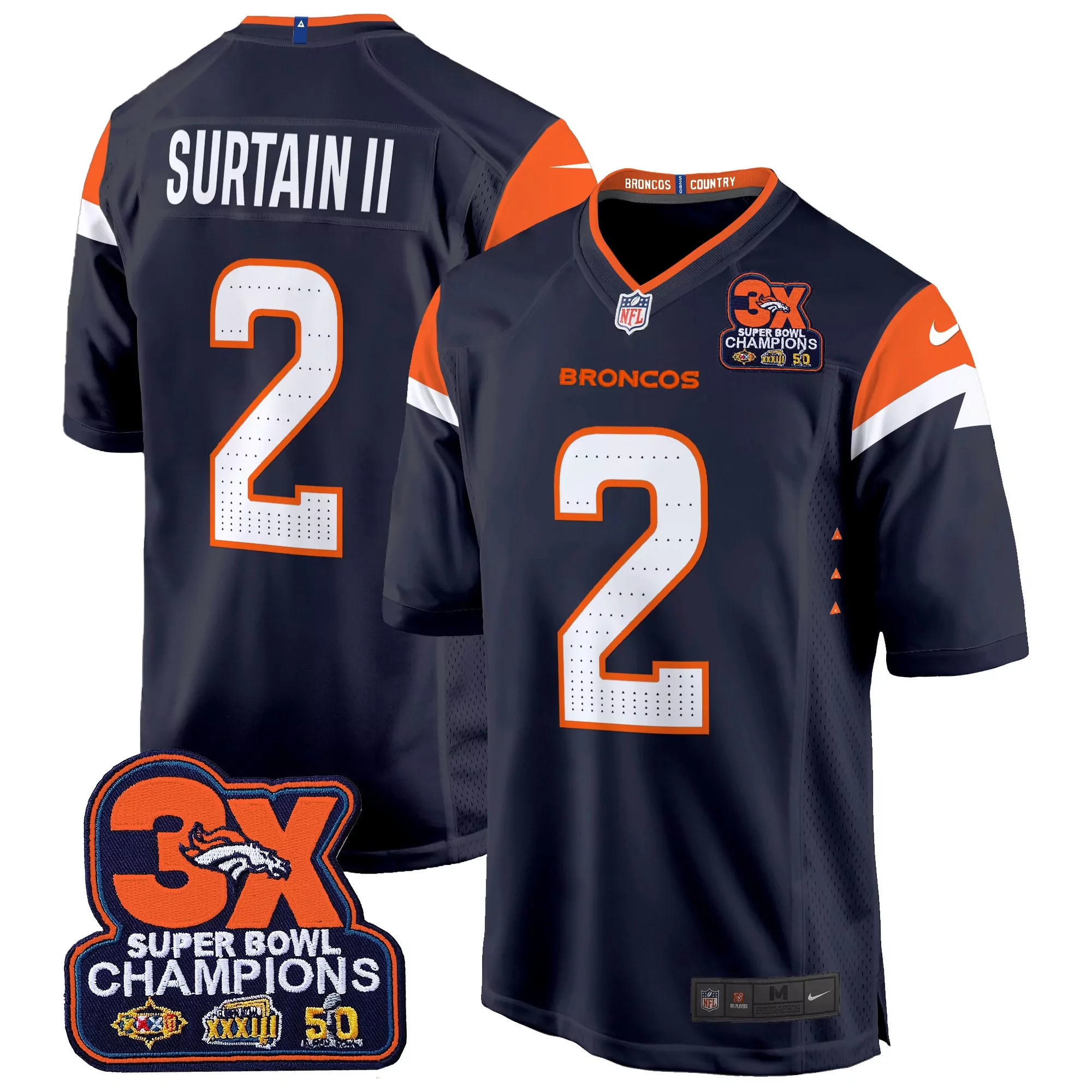 patrick surtain ii navy mens denver broncos 3time champions patch game jersey al stitched