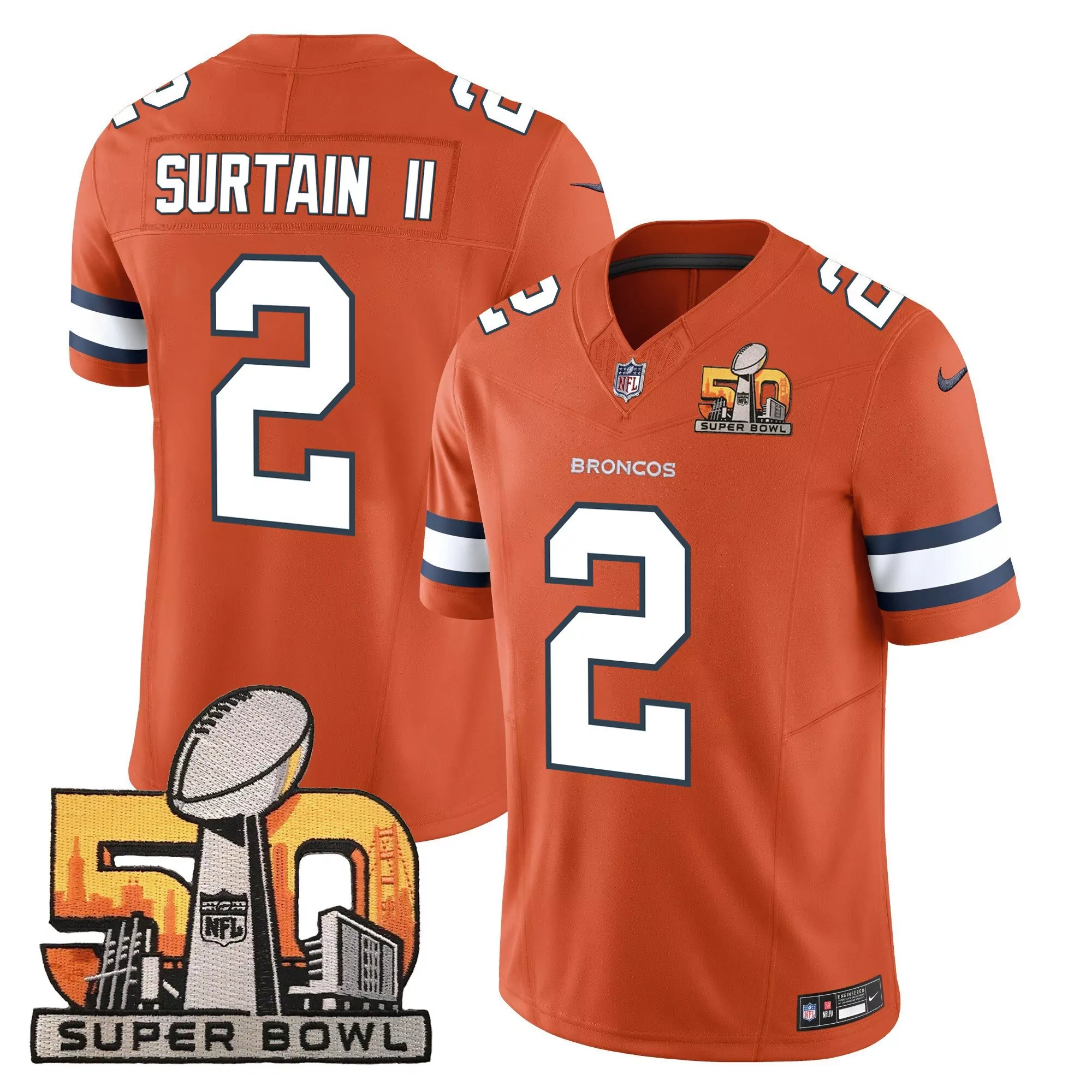 patrick surtain ii orange mens denver broncos super bowl 50 patch vapor jersey all stitched