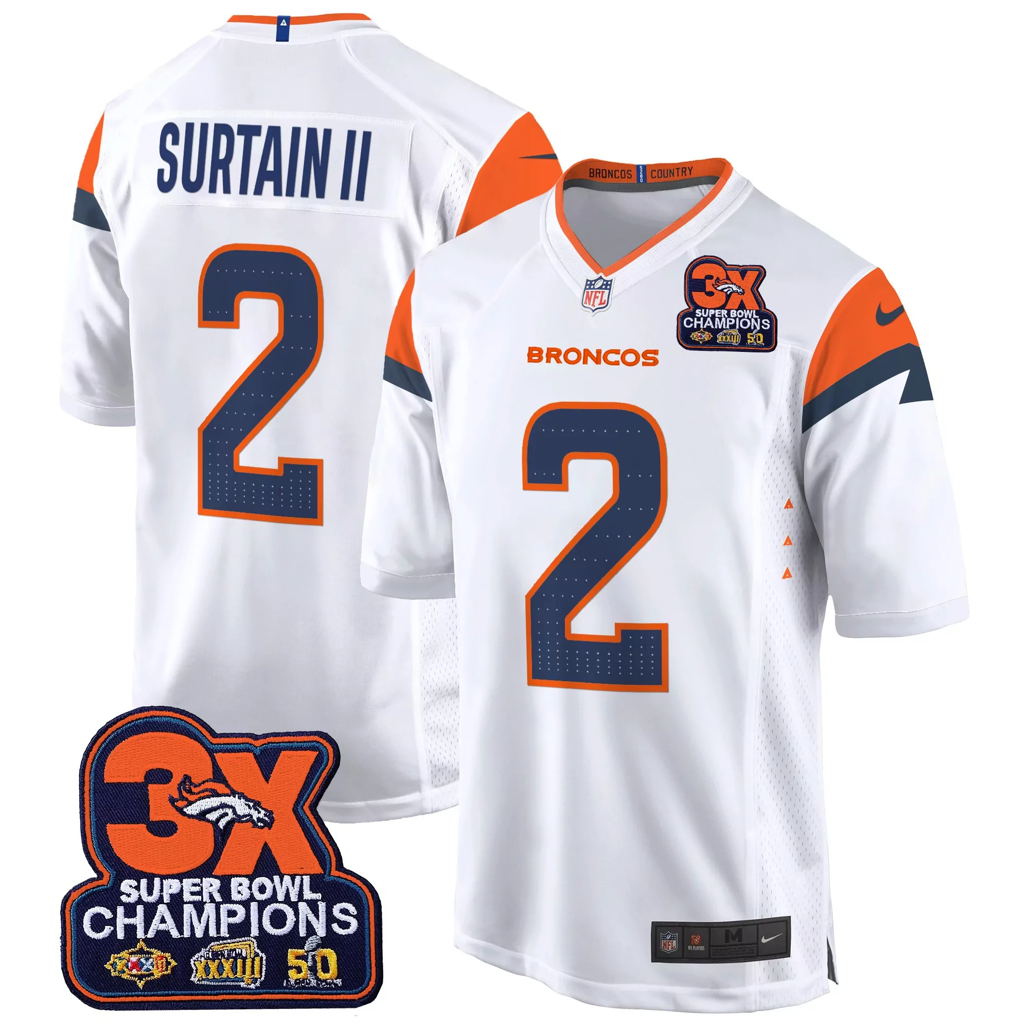 patrick surtain ii white mens denver broncos 3time champions patch game jersey al stitched