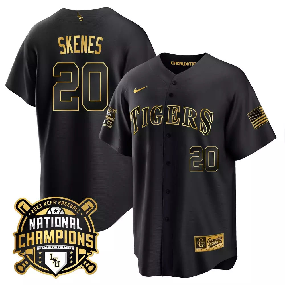 paul skenes black gold mens lsu tigers 2023 national champions gold cool jersey all stitched