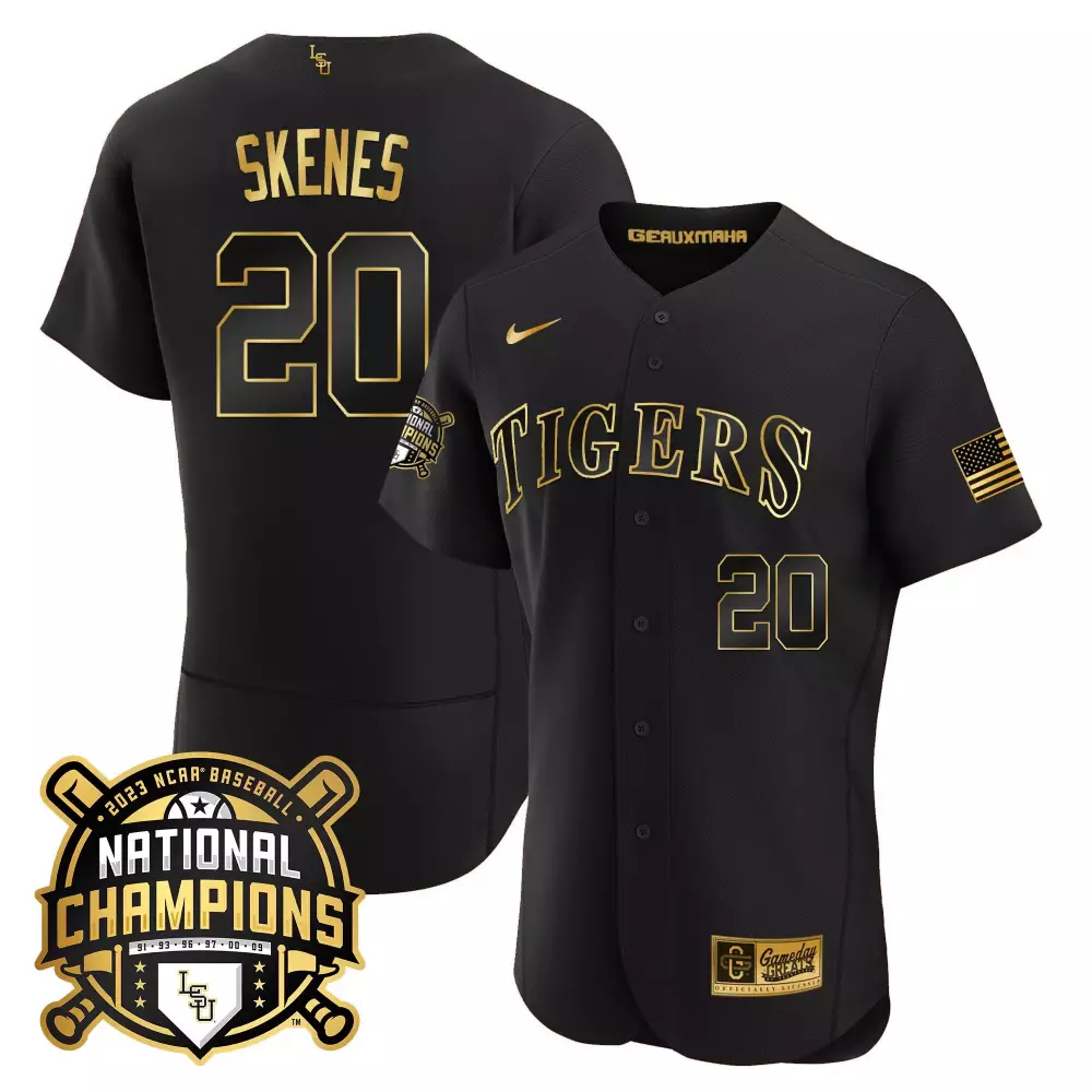 paul skenes black gold mens lsu tigers 2023 national champions gold flex jersey all stitched