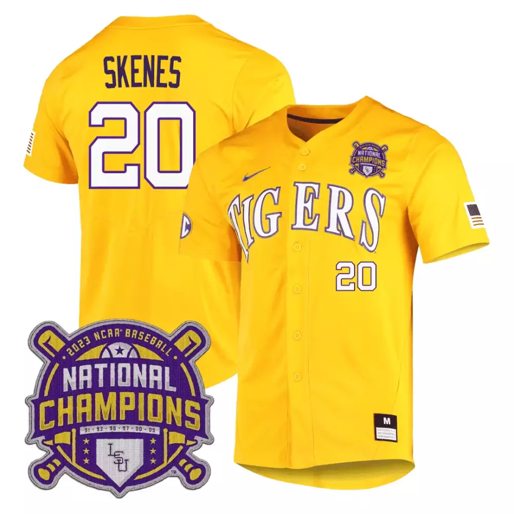 paul skenes gold mens lsu tigers 2023 national champions jersey all stitched