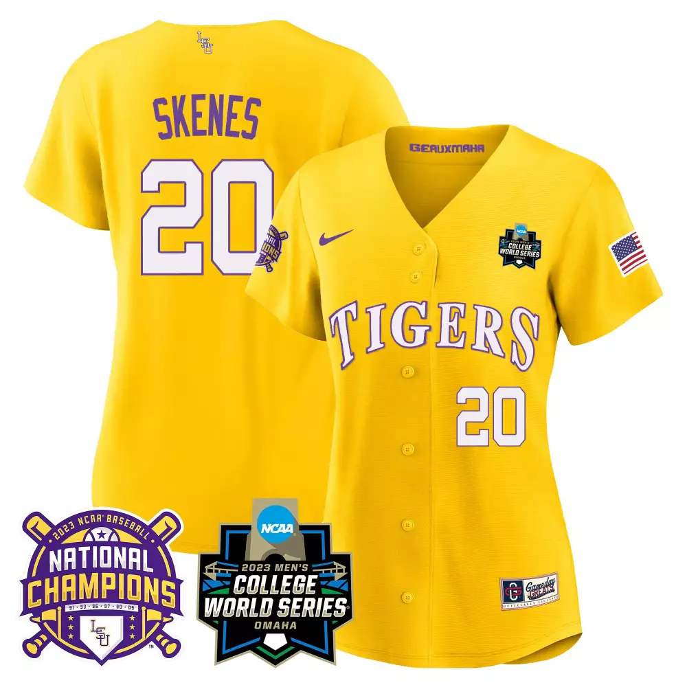 paul skenes gold womens lsu tigers 2023 national champions gold jersey v3 all stitched