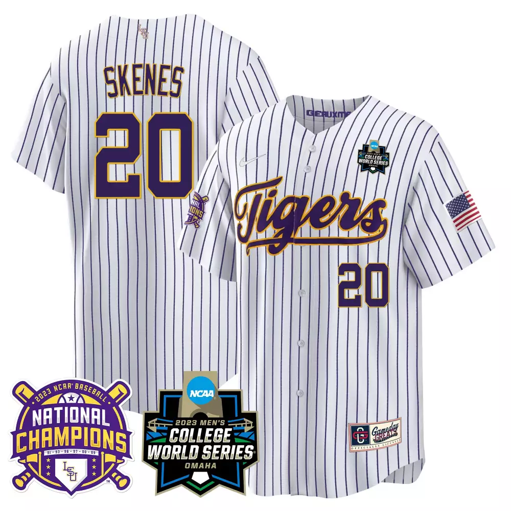 paul skenes pinstripe mens lsu tigers 2023 national champions gold cool jersey v3 all stitched