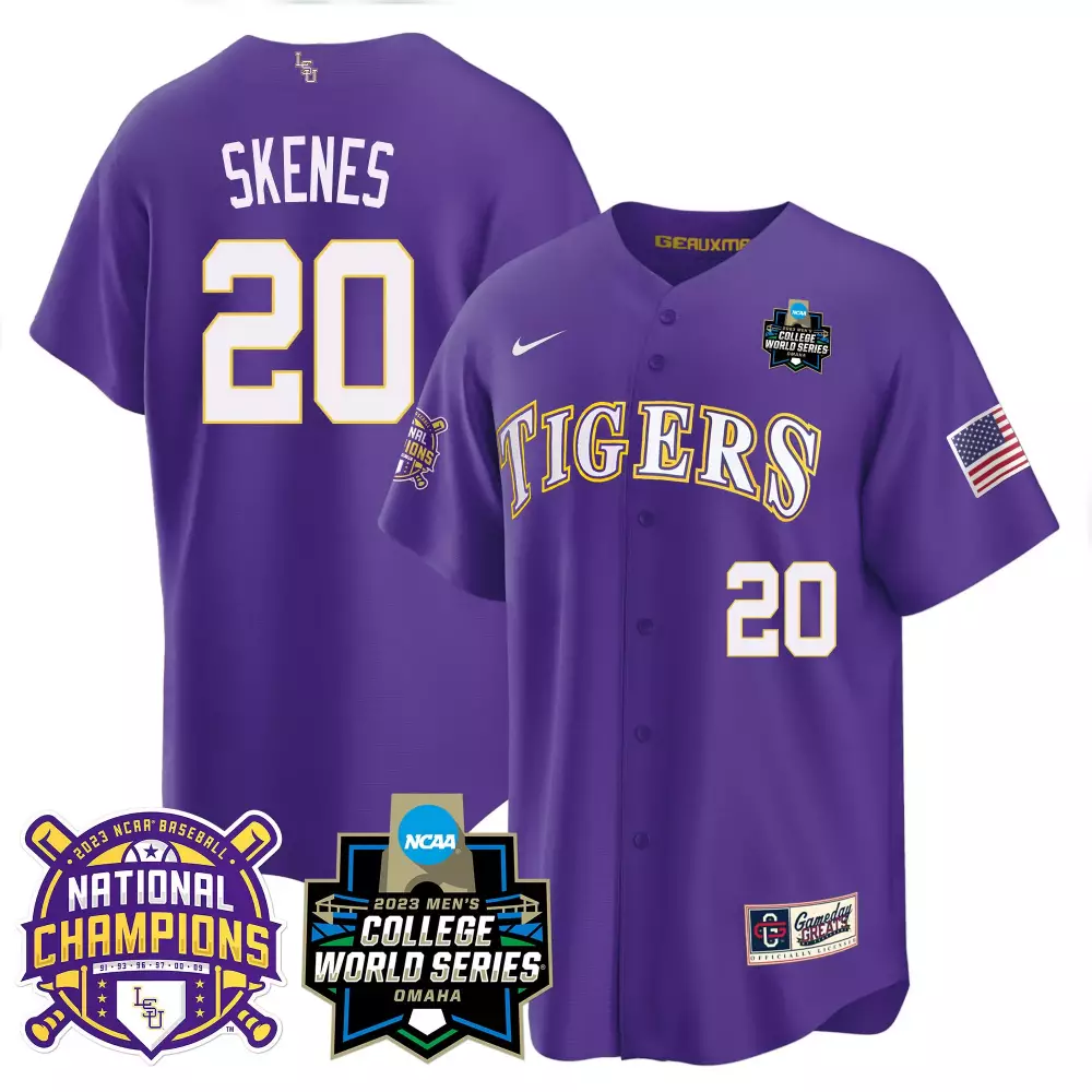 paul skenes purple gold mens lsu tigers 2023 national champions split jersey all stitched