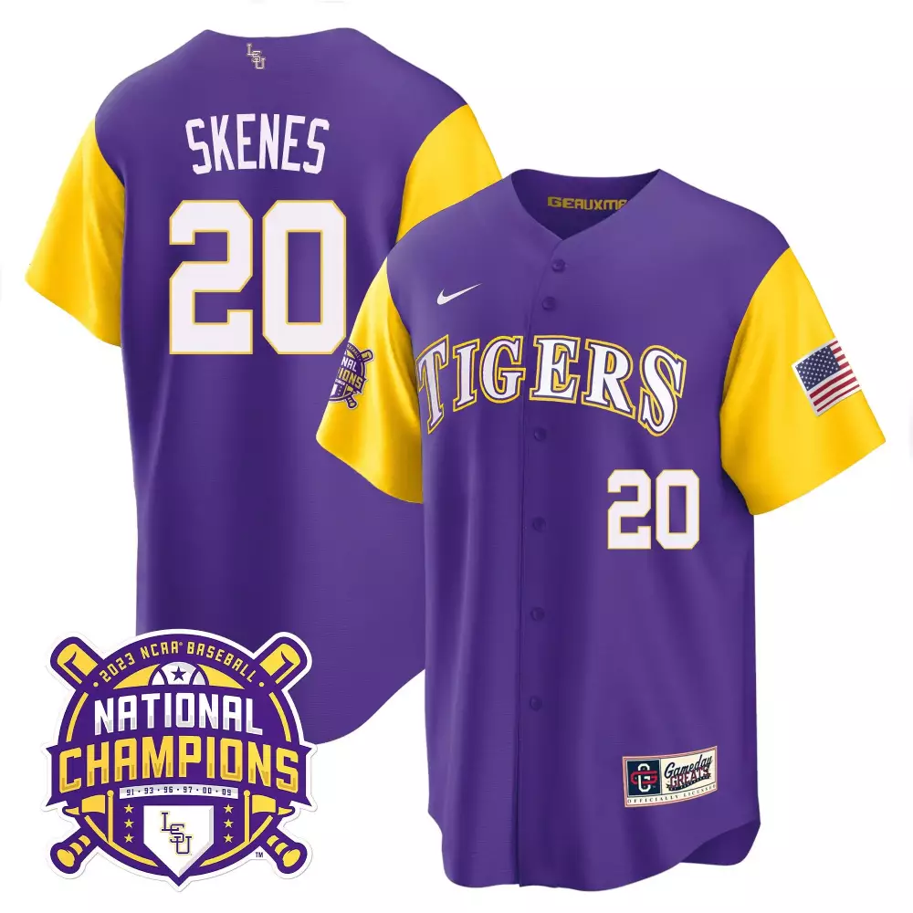 paul skenes purple sleeves mens lsu tigers 2023 champions alternate color sleeves jersey all stitched