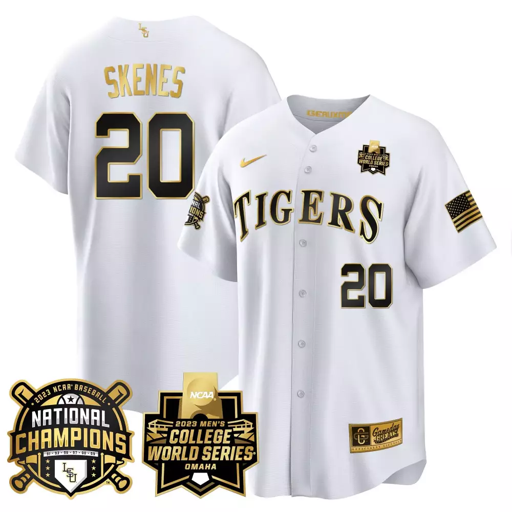 paul skenes white gold mens lsu tigers 2023 national champions gold cool jersey v3 all stitched