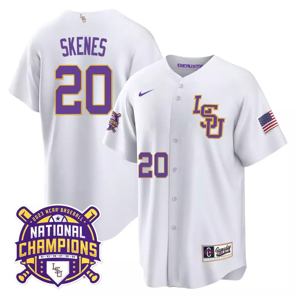 paul skenes white lsu youths lsu tigers 2023 national champions gold cool jersey v2 all stitched