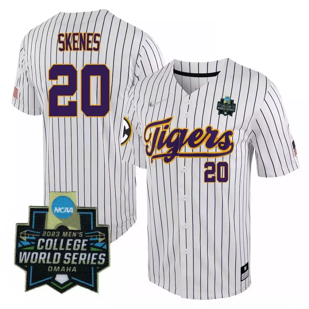 paul skenes white pinstripe mens lsu tigers college baseball world series jersey v2 all stitched