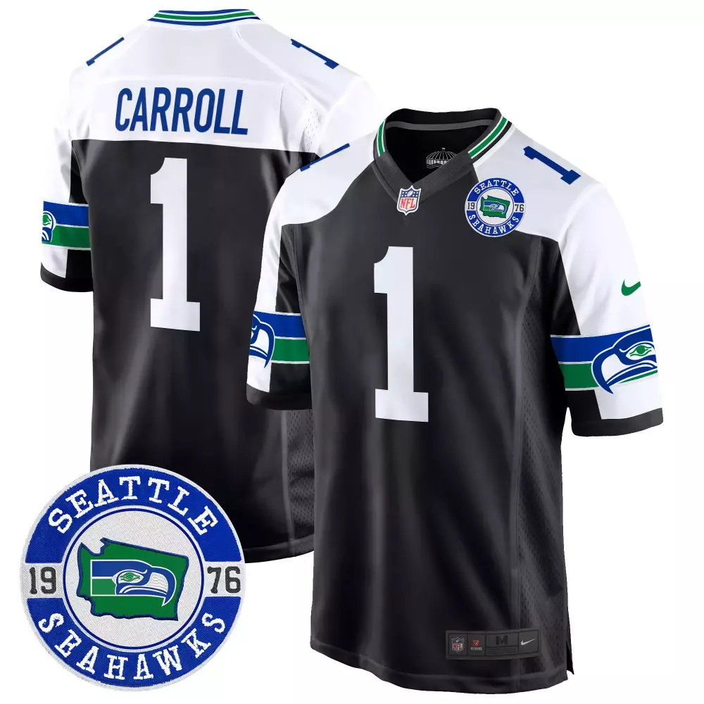 Pete Carroll Black Alternate Men's Seattle Seahawks Throwback Est 1976 Patch Game Jersey | Custom Stitched Design | Fan Gear | For Men, Women & Youth
