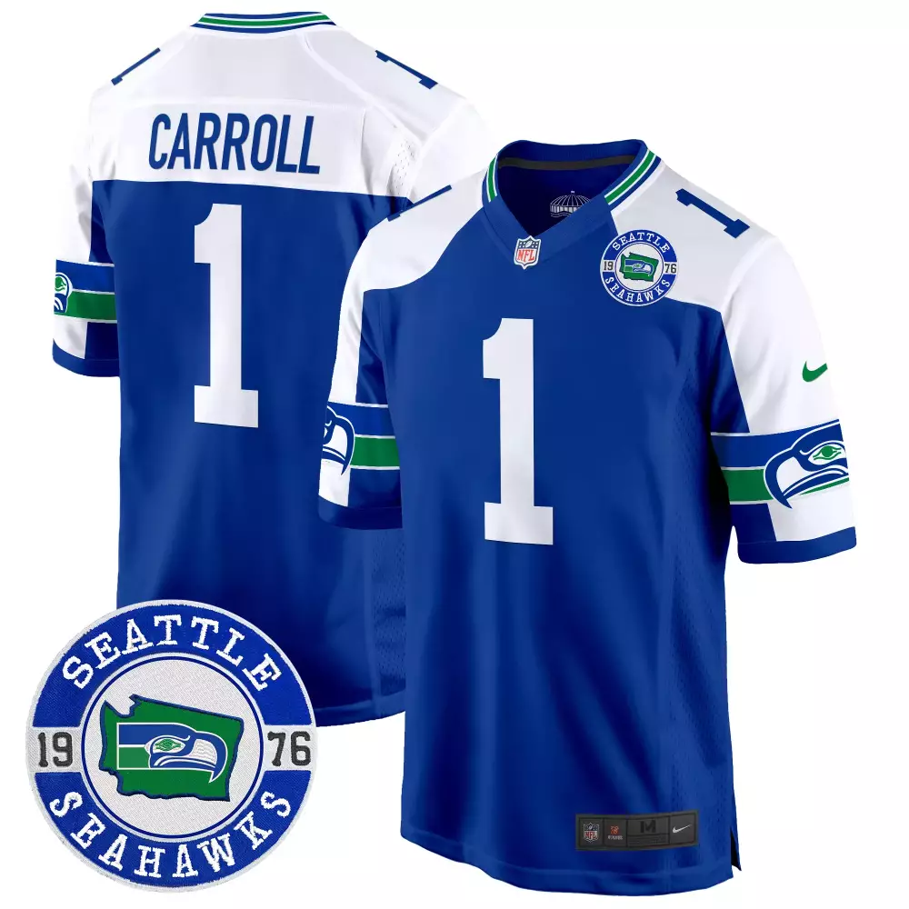 Pete Carroll Seattle Seahawks Throwback Game Jersey | Royal Alternate with Seattle Est 1976 Patch | All Stitched | For Men, Women & Youth