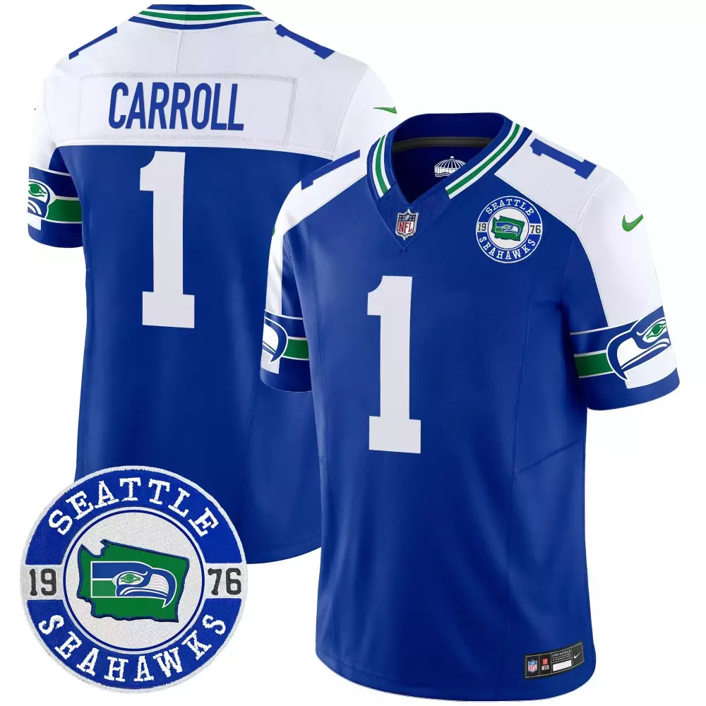 Pete Carroll Seattle Seahawks Throwback Vapor Limited Jersey | Royal Alternate with Seattle Est 1976 Patch | All Stitched | For Men, Women & Youth