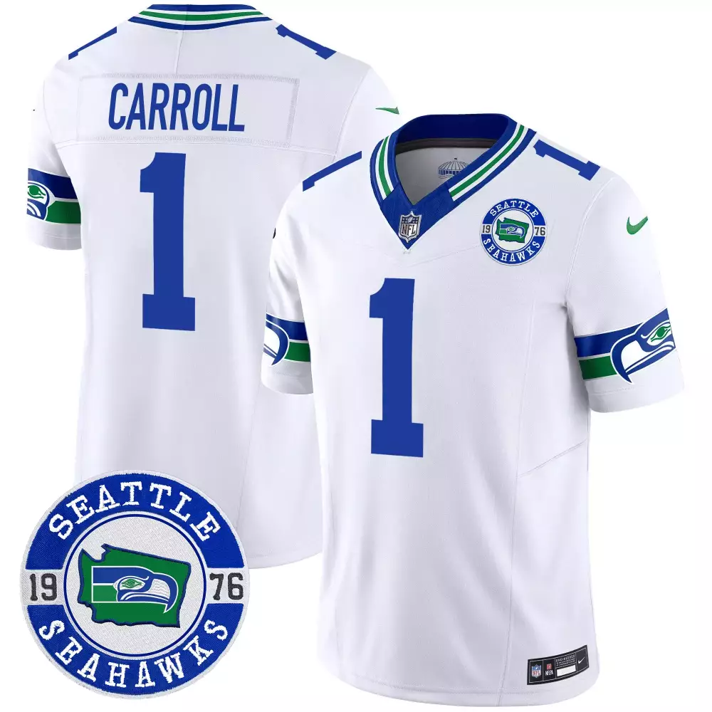 Pete Carroll Seattle Seahawks Throwback Vapor Limited Jersey | White with Seattle Est 1976 Patch | All Stitched | For Men, Women & Youth