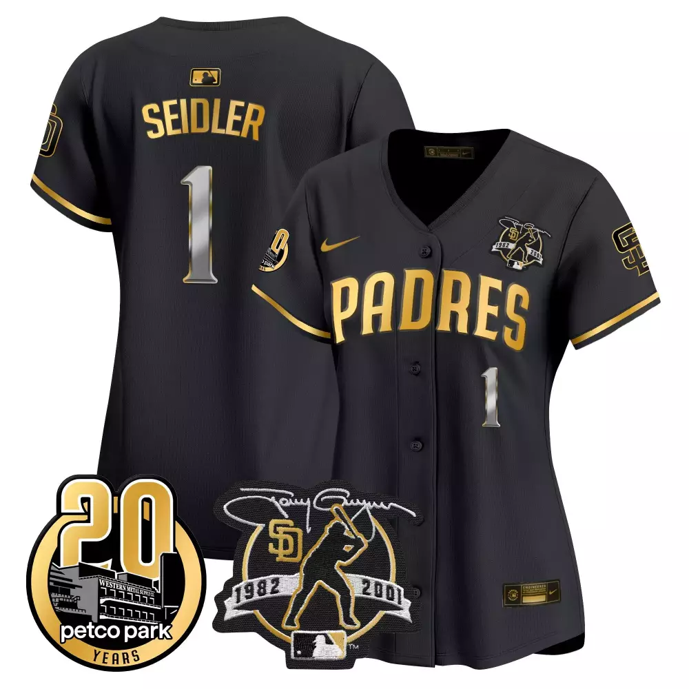Tony Gwynn Petco Park 20th Patch 2024 Padres Women's Black Gold Jersey | Vapor Premier Stitched | Limited Edition Fan Gear for Women & Youth