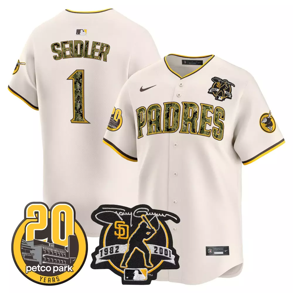 Peter Seidler Cream Padres Tony Gwynn Jersey | Petco Park 20th Patch USMC Vapor Premier Limited Edition V2 | Fan Gear for Men, Women & Youth